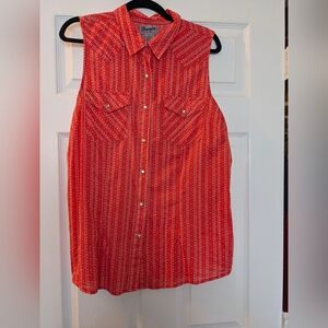 Wrangler Sleeveless Western Snap Button Shirt Cowgirl Size XL Red White Pattern